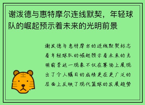 谢泼德与惠特摩尔连线默契，年轻球队的崛起预示着未来的光明前景