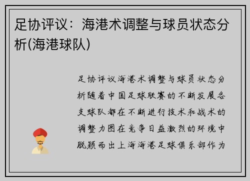 足协评议：海港术调整与球员状态分析(海港球队)