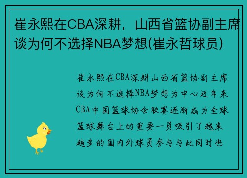 崔永熙在CBA深耕，山西省篮协副主席谈为何不选择NBA梦想(崔永哲球员)