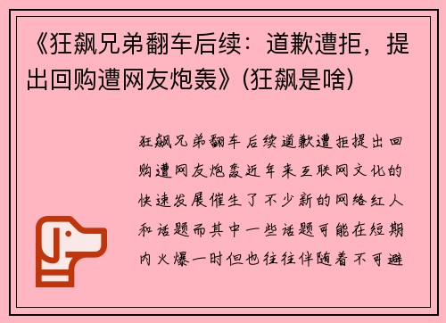 《狂飙兄弟翻车后续：道歉遭拒，提出回购遭网友炮轰》(狂飙是啥)