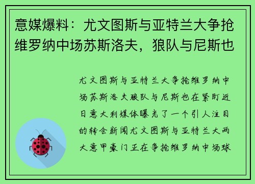 意媒爆料：尤文图斯与亚特兰大争抢维罗纳中场苏斯洛夫，狼队与尼斯也在紧盯